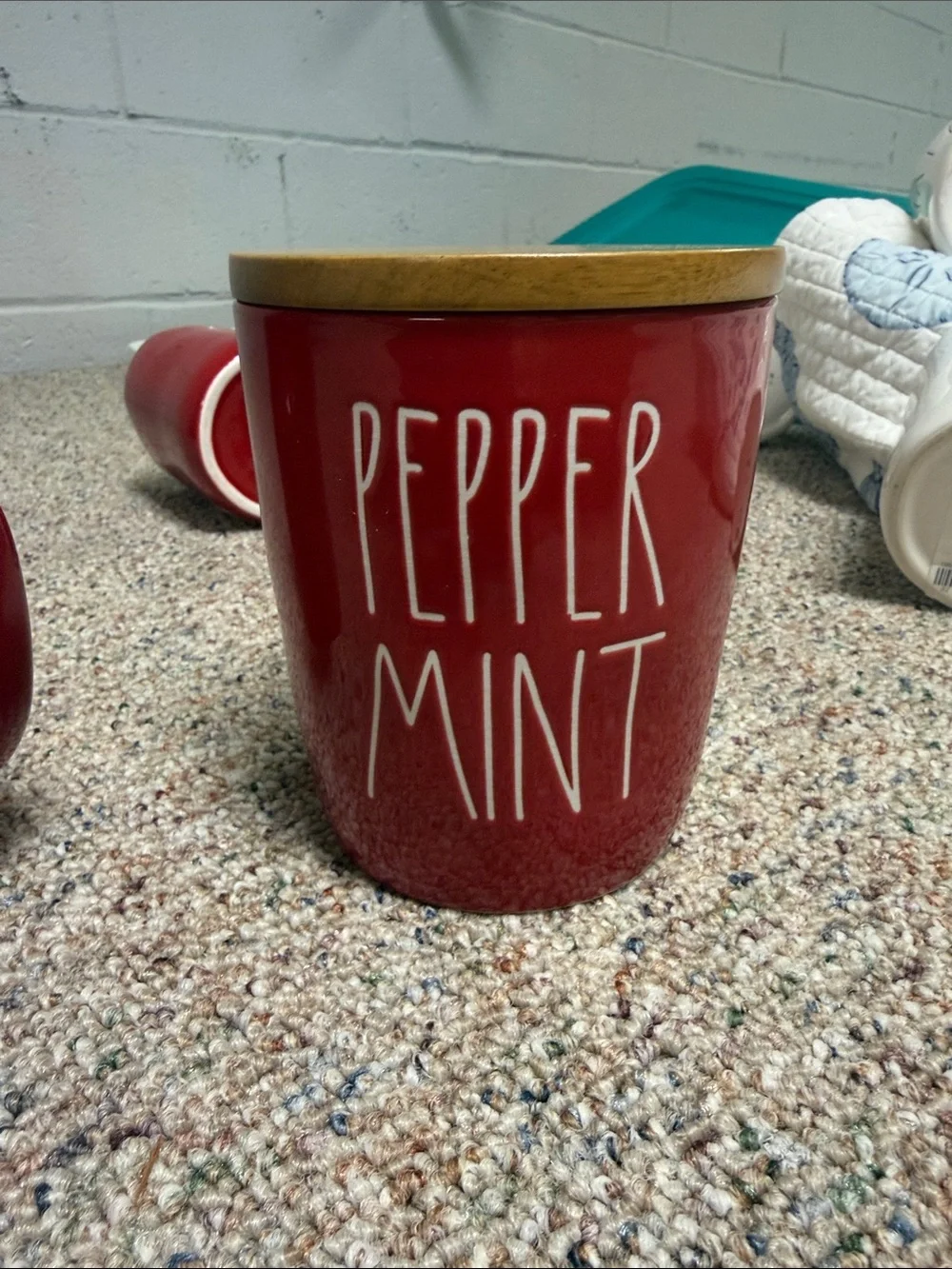Rae Dunn Red Peppermint Ceramic Canister with Wood Lid. Christmas
